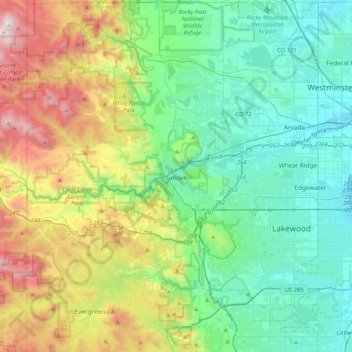 Mapa topográfico Golden, altitud, relieve