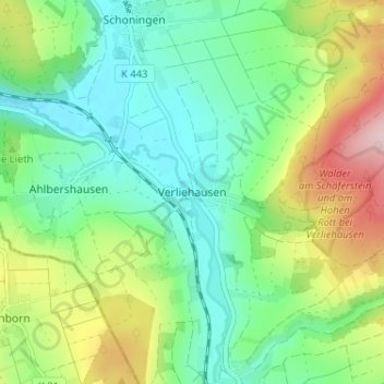 Mapa topográfico Verliehausen, altitud, relieve