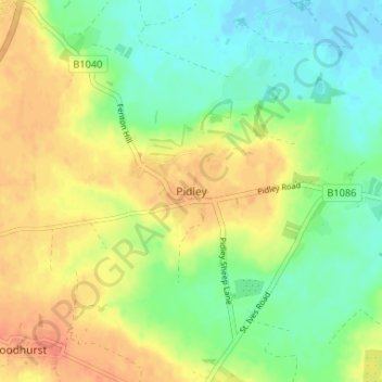 Mapa topográfico Pidley, altitud, relieve