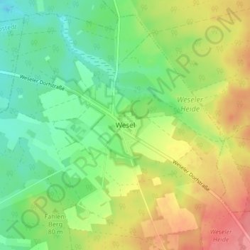 Mapa topográfico Wesel, altitud, relieve