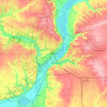Mapa topográfico Peoria, altitud, relieve