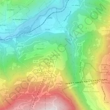 Mapa topográfico Montchavin, altitud, relieve