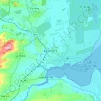 Mapa topográfico Leuchars, altitud, relieve
