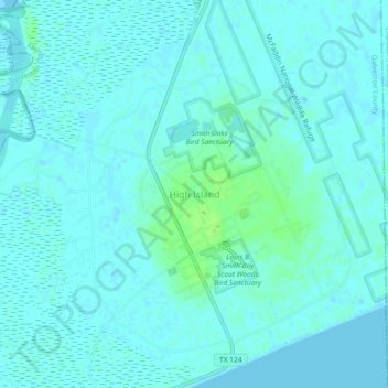 Mapa topográfico High Island, altitud, relieve