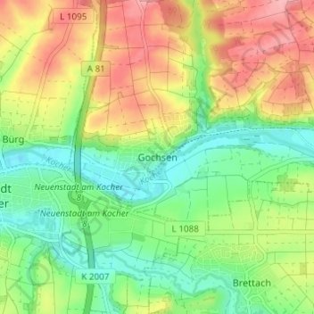 Mapa topográfico Gochsen, altitud, relieve