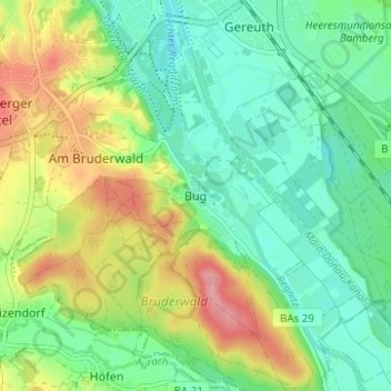 Mapa topográfico Bug, altitud, relieve