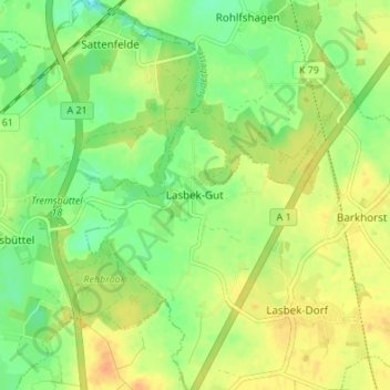 Mapa topográfico Lasbek-Gut, altitud, relieve