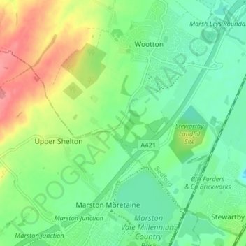 Mapa topográfico Wootton Green, altitud, relieve