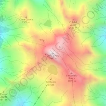 Mapa topográfico Cima d'Asta, altitud, relieve