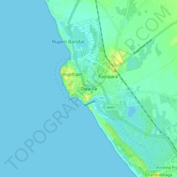 Mapa topográfico Dwarka, altitud, relieve
