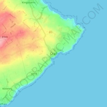 Mapa topográfico Crail, altitud, relieve