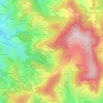 Mapa topográfico Les Harrivières, altitud, relieve