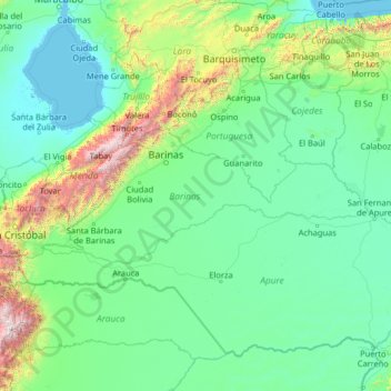 Mapa topográfico Barinas, altitud, relieve