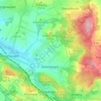 Mapa topográfico Lenstrup, altitud, relieve