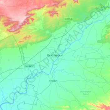Mapa topográfico Burhanpur, altitud, relieve