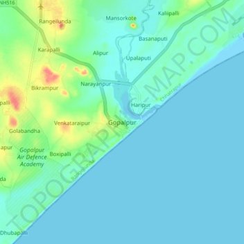 Mapa topográfico Gopalpur, altitud, relieve
