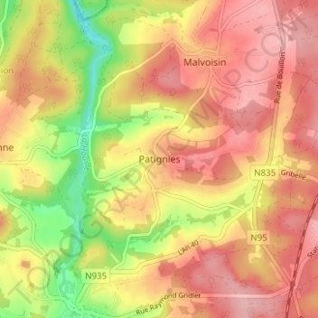Mapa topográfico Patignies, altitud, relieve