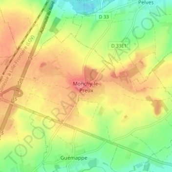 Mapa topográfico Monchy-le-Preux, altitud, relieve