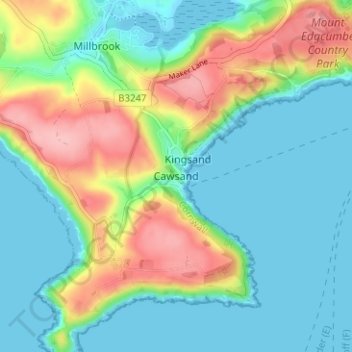 Mapa topográfico Cawsand, altitud, relieve