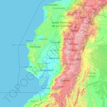Mapa topográfico Los Ríos, altitud, relieve