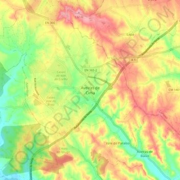 Mapa topográfico Aveiras de Cima, altitud, relieve
