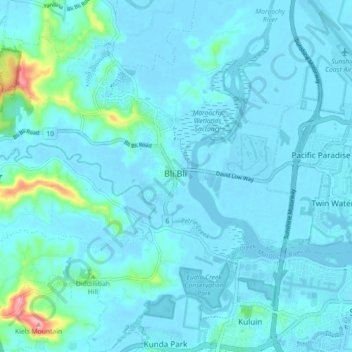Mapa topográfico Bli Bli, altitud, relieve