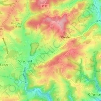 Mapa topográfico Miebach, altitud, relieve