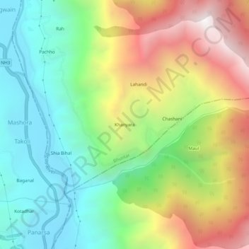 Mapa topográfico Khanyara, altitud, relieve