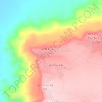 Mapa topográfico Hadish Adi, altitud, relieve