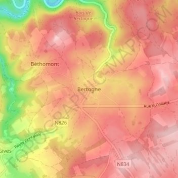 Mapa topográfico Bertogne, altitud, relieve