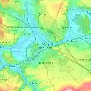 Mapa topográfico Limburg an der Lahn, altitud, relieve
