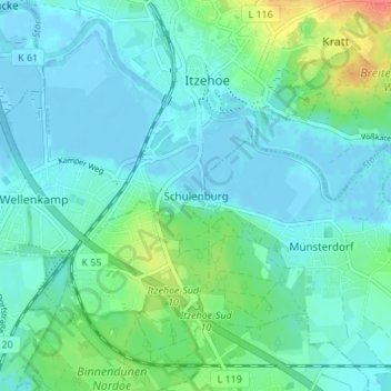 Mapa topográfico Schulenburg, altitud, relieve