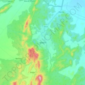 Mapa topográfico Khetri, altitud, relieve