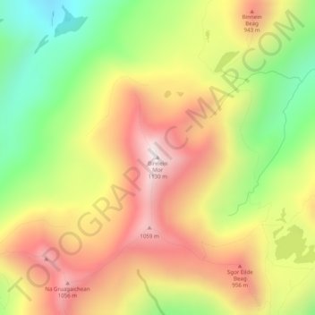 Mapa topográfico Binnein Mor, altitud, relieve