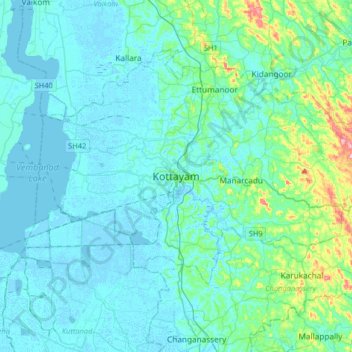 Mapa topográfico Kottayam, altitud, relieve