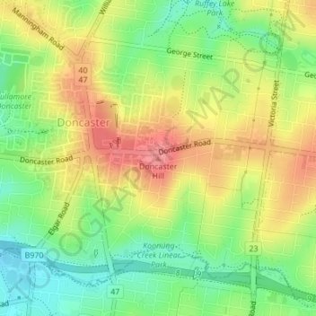 Mapa topográfico Doncaster Hill, altitud, relieve