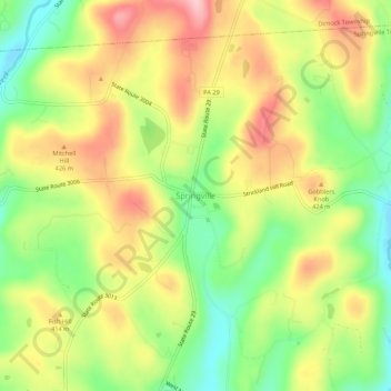 Mapa topográfico Springville, altitud, relieve