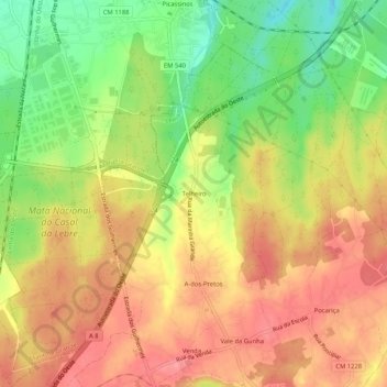 Mapa topográfico Telheiro, altitud, relieve