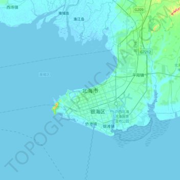 Mapa topográfico Beihai, altitud, relieve