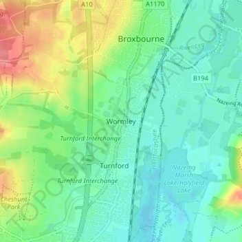 Mapa topográfico Wormley, altitud, relieve