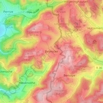 Mapa topográfico Belmicke, altitud, relieve
