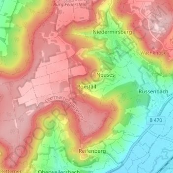 Mapa topográfico Poxstall, altitud, relieve
