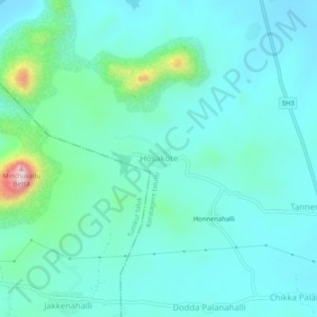 Mapa topográfico Hosakote, altitud, relieve