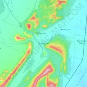 Mapa topográfico Indragarh, altitud, relieve