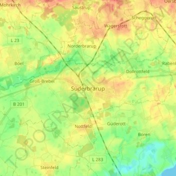 Mapa topográfico Süderbrarup, altitud, relieve