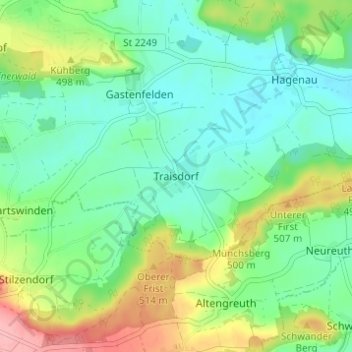 Mapa topográfico Traisdorf, altitud, relieve