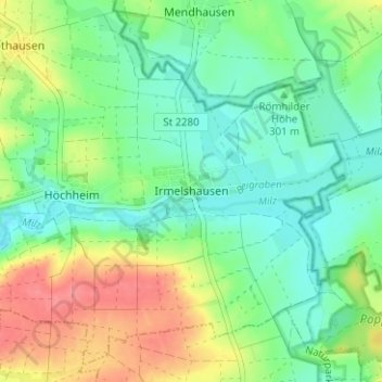 Mapa topográfico Irmelshausen, altitud, relieve