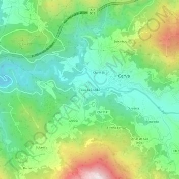 Mapa topográfico Feira da Lomba, altitud, relieve