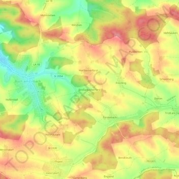 Mapa topográfico Großaibacherforst, altitud, relieve