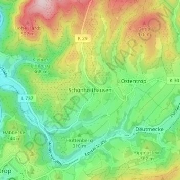 Mapa topográfico Schönholthausen, altitud, relieve